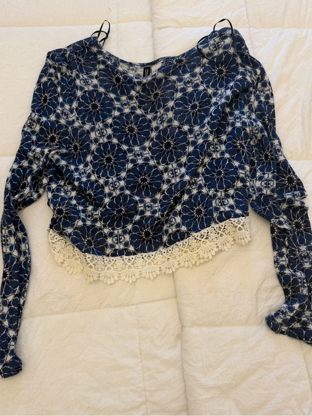H&M Blue Floral Lace-Trim Crop Top